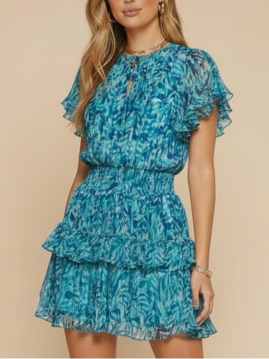 Ramy Brook Dresses & Skirts - NWT RAMY BROOK Beach Blue Ruffle Short Sleeve Elastic Waist Dress Size Large